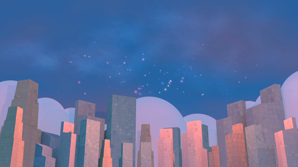 3D Toon Cityscape And Fireworks