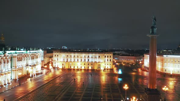 Aerial View To Palace Square with Winter Palace and Alexander Column in Background, St Petersburg