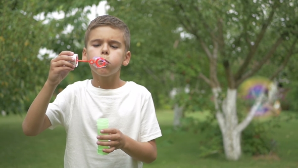 The Boy Blows a Bubbles In The Garden