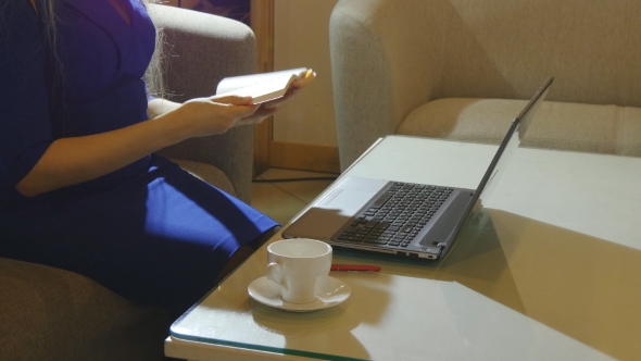 Beautiful Young Woman Is Seating Indoors At a Cafe Restaurant, Holding a Coffee Cup While Using Her