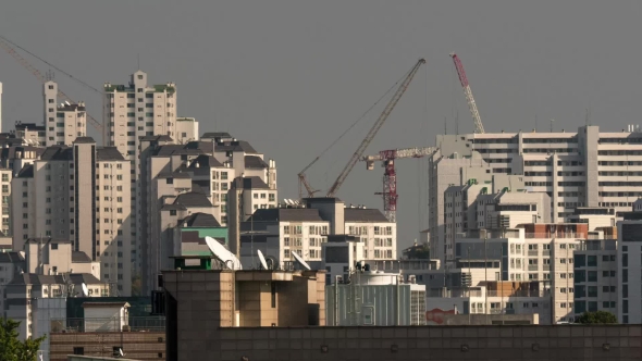 Of Building Cranes Working In Seoul, South Korea