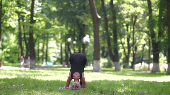 Blonde Doing Headstand In Park.