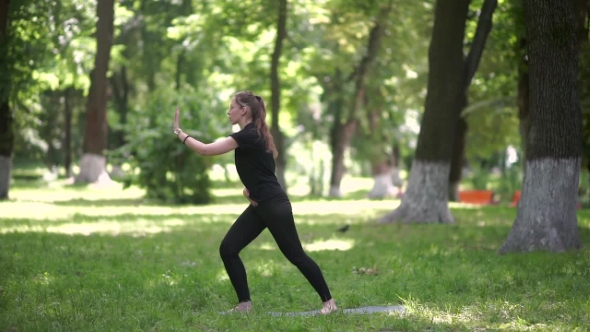 The Girl Doing Exercises In The Park.