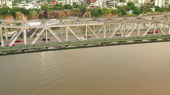 Drone View Story Bridge and traffic after river floods, Brisbane , Australia