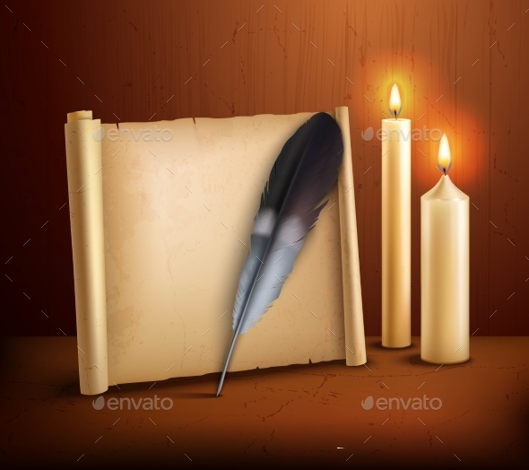 Feather Parchment Candles Realistic Background