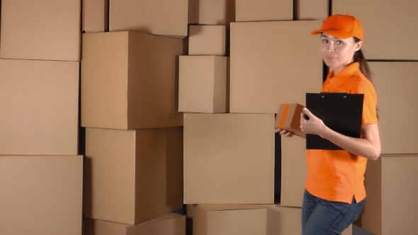 Girl Courier In Orange Uniform Delivering a Parcel To Wrong Address