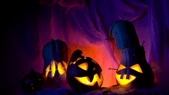 Funny Pumpkin Head The Company During The Night Halloween. Sinister Composition But Lovely Holiday