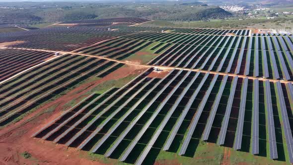 Aerial View of Giant Portuguese Fields with Solar Photovoltaic Batteries to Create Clean Ecological