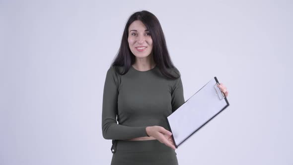 Young Beautiful Woman Holding Clipboard