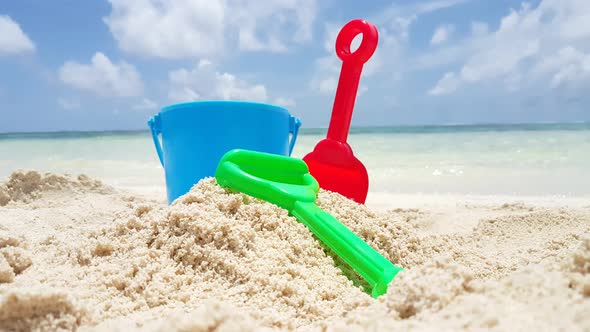 Natural flying tourism shot of a white sandy paradise beach and aqua blue ocean background in high r