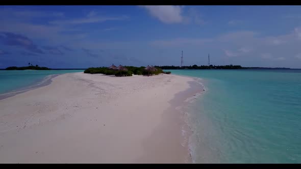 Aerial top down tourism of paradise tourist beach time by blue lagoon with white sand background of 