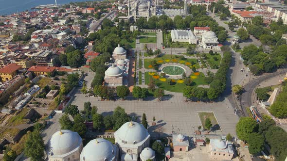 Aerial view of Sultan Ahmad Maydan Fountain and tombs outside Hagia Sophia