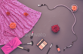 metic Makeup. Stylish Dress Glamor fashion Handbag Clutch, Rose. Fashion Design Party Outfit. Top view. Creative Cosmetic Overhead. Essentials.Minimal