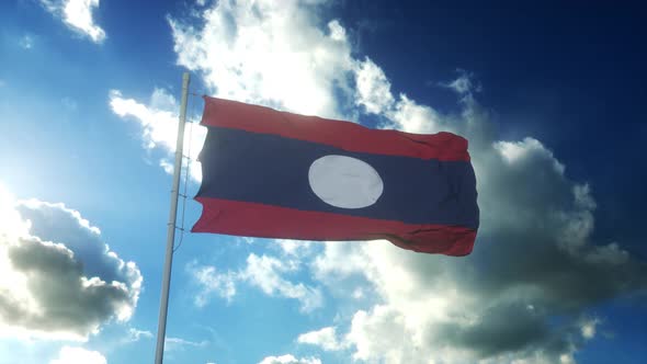 Flag of Laos Waving at Wind Against Beautiful Blue Sky