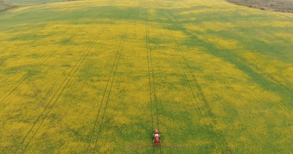 Aerial Tractor Equipment Fertilize Spray Agriculture Canola Crop Plant Field Near Forest