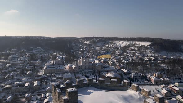 Aerial Drone View of the 13Thcentury Medieval Kremenets Castle Flag of Ukraine Country on the Top of