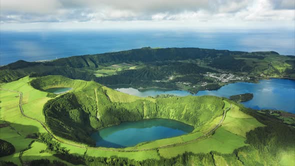 Cinematic Hyperlapse Blue Lakes on Green Peaks Tropical Island Nature Azores