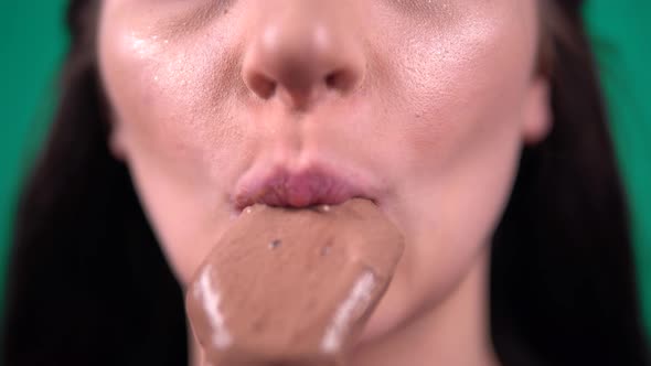 Young Happy Woman Eating Licking Chocolate Ice Cream Mouth Close Up