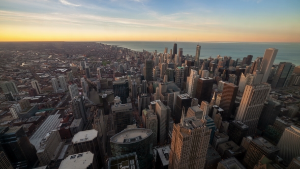 Aerial View Of City Downtown Twilight