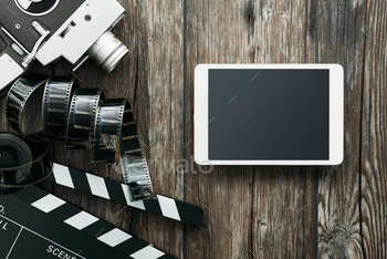 on a wooden table: cinema and entertainment concept