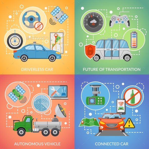 Driverless Car Autonomous Vehicle 2X2 Icons Set