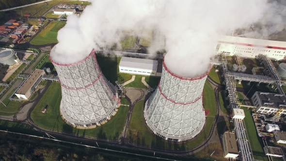Aerial View Of Cooling Towers On Power Plant