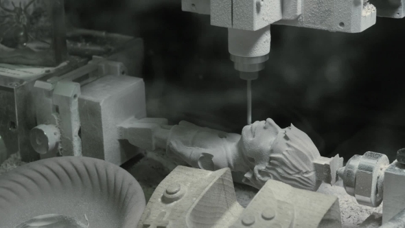 CNC Milling Machine Creating a Wooden Statue