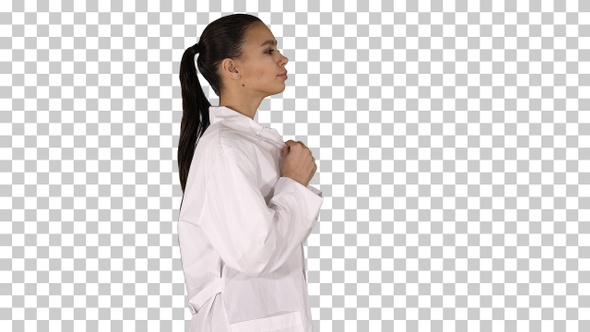 Young Woman Pharmacist in White Gown Coat Uniform Walking Alpha