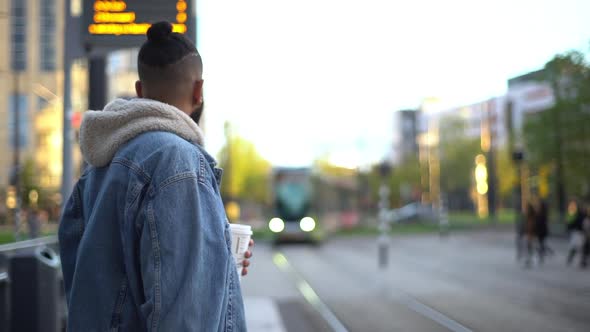 Slowmo Back View Handsome Young Hipster Black Guy Getting Late Meeting Standing Train Station