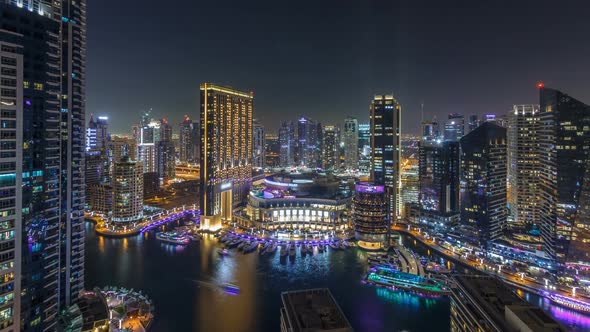 Night Illumination of Dubai Marina Aerial Timelapse UAE