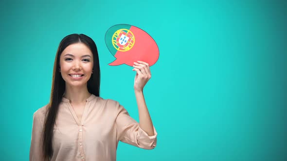 Smiling Girl Holding Portuguese Flag Speech Bubble Learning Language Travel Idea