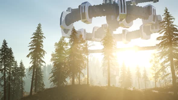 UFO Hovering Over a Forest at Sunset with Light Beam alt
