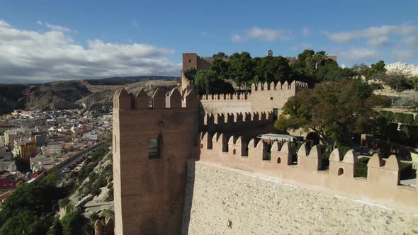 Moorish fortified walls from Alcabaza of Almería, Aerial Pullback. Spain