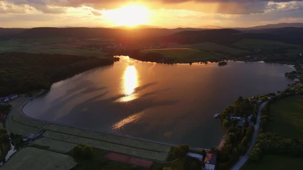 Aerial view of Teply vrch reservoir in Slovakia - Sunset