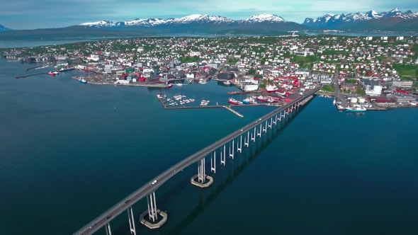 Bridge Of City Tromso, Norway Aerial Footage
