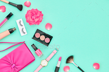 Set. Essentials. Fashion Design. Lipstick Brushes Eyeshadow, fashion Glamor Clutch, Stylish Watches, Rose. Minimal Concept. Top view.Cosmetic Overhead