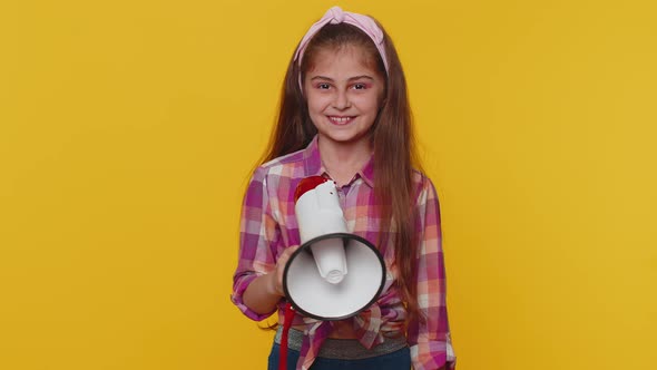 Preteen Child Girl Kid Talking with Megaphone Proclaiming News Loudly Announcing Advertisement