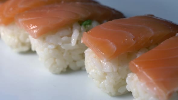 Macro shot of tasty salmon on sticky rice served on plate - professional shot in restaurant