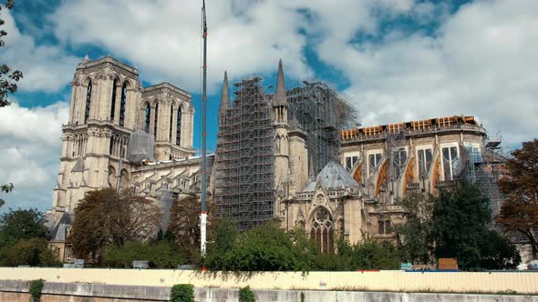 Construction Crane at the Cathedral Notre-Dame in Paris in Autumn 2019. In April 2019, the Gothic