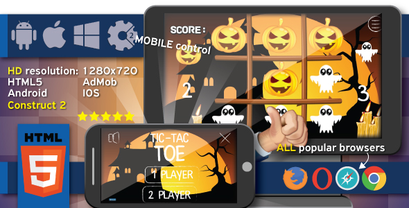 Halloween TicTacToe - HTML5 game + mobile. Construct2 (.capx) + Cocoon ADS
