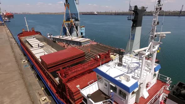 Ukraine  May 2016 Aerial View of Oversized Cargo Reloading From Ship to Pontoone Crane