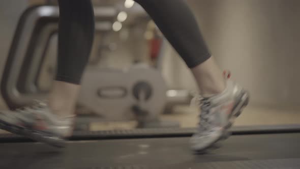 Close-up of Female Caucasian Legs in Sportswear and Sneakers Start Running on Treadmill in Gym