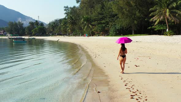 Sexy smiling ladies travelling spending quality time on beach on summer white sandy and blue back