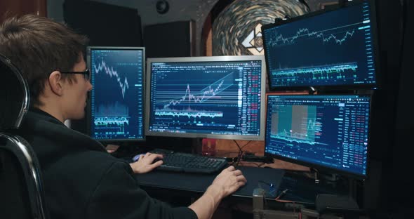 Man Trader Freelancer on Stock Exchange Trades Options at Home Computer