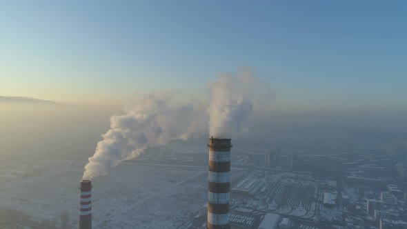 Red White Factory Chimneys Smoking Dense White Smoke Above City