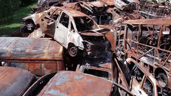 Irpin Bucha District Ukraine a Dump of Shot and Burned Cars