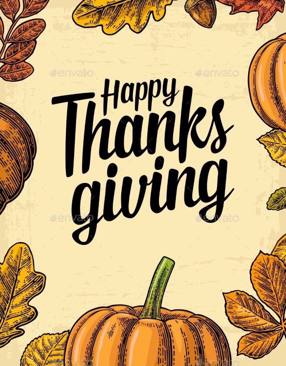 Thanksgiving Day Poster with Leaves and Pumpkin