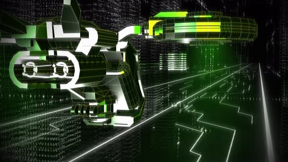 Futuristic Vehicle Flying Among Wireframes Of Buildings In Virtual Cyber Space alt