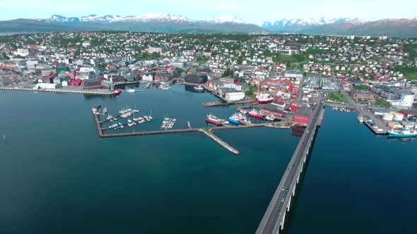 Bridge Of City Tromso, Norway Aerial Footage