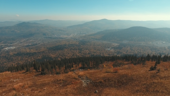 Mountains In The Fall. Burnt Grass. Trees In Mountain.